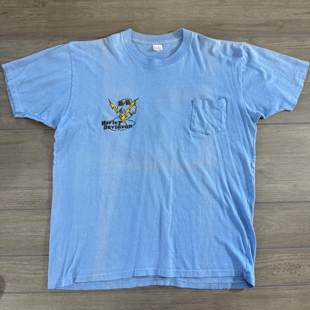Harley Davidson T-Shirt XXL Blue Vintage 80s Single Stitch R&B Racine WI Pocket